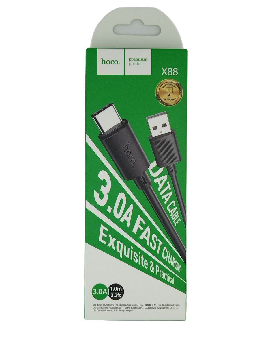 Hoco X88 3.0A- USB to Type-C Cable-Fast Charging & Data (Black)